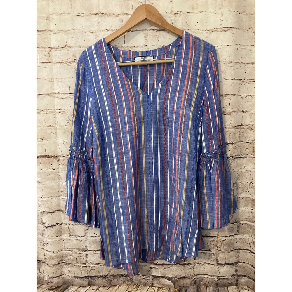 Hilary Radley Shirt Womens Medium Chambray Blue Striped Bell Sleeve Boho Hippie